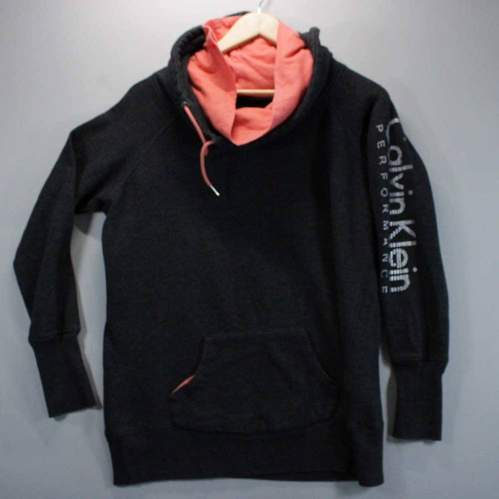 Calvin Klein Performance Womens L Gray Pink Cowl Neck Spellout Logo Activewear